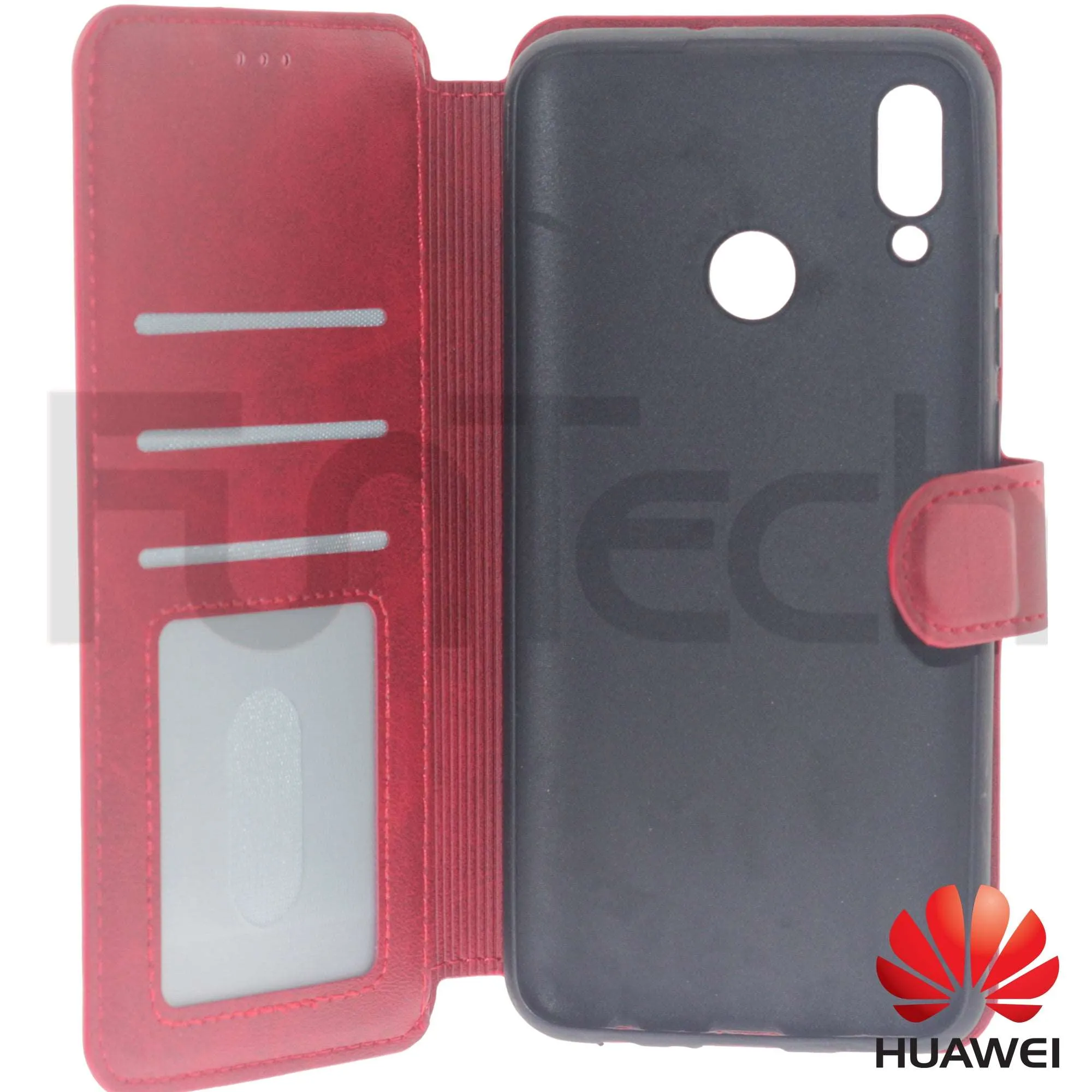 Huawei, P Smart 2019, Leather Wallet Case, Color Red.