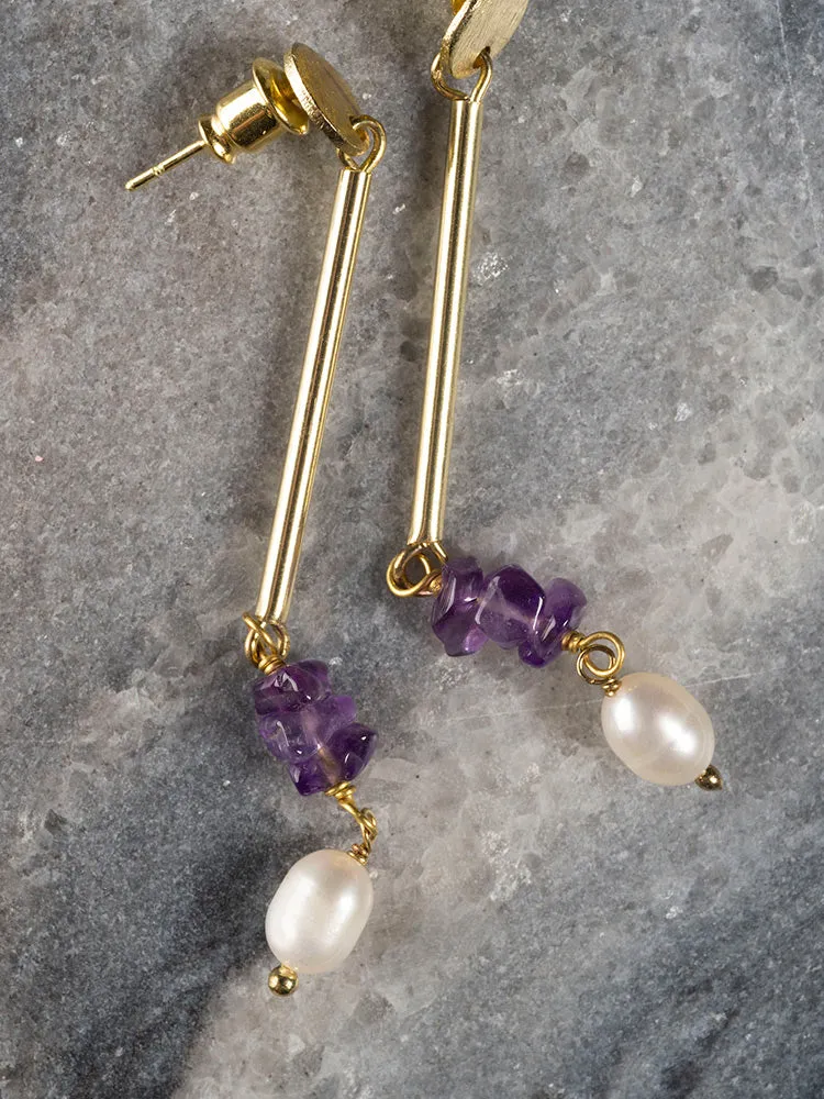 Linear Stone Earrings - Amethyst