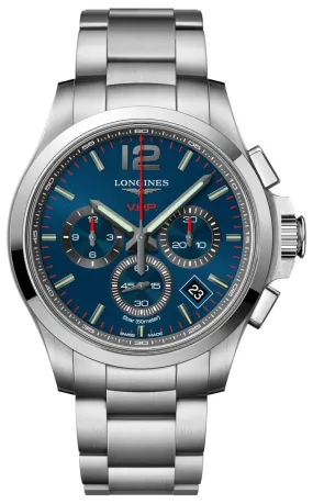 Longines Conquest V.H.P. Chronograph Stainless Steel Blue Dial Perpetual Calendar Date Quartz Mens Watch L3.717.4.96.6
