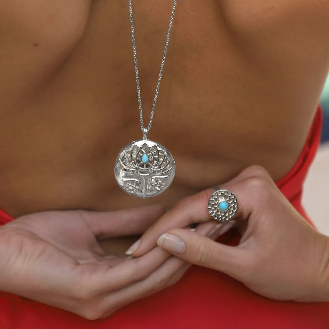 Lotus Locket Necklace with Arizona Sleeping Beauty Turquoise