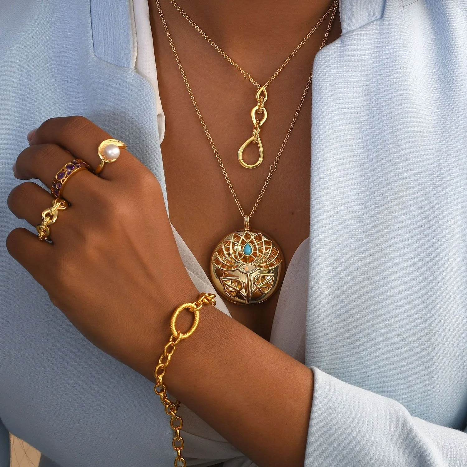 Lotus Locket Necklace with Arizona Sleeping Beauty Turquoise