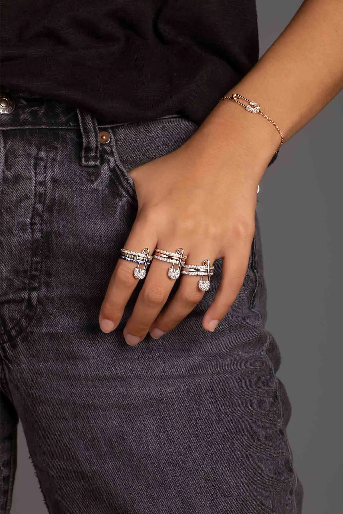 Love, Smile, Bonheur Triple Hoop Safety Pin Ring