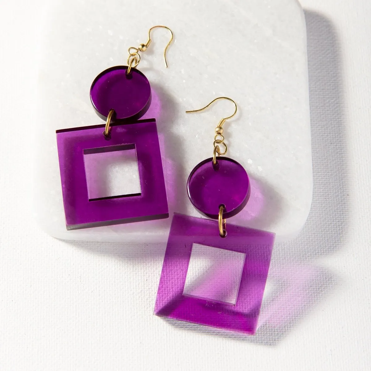 Lucite Square Drop Earrings in Eggplant