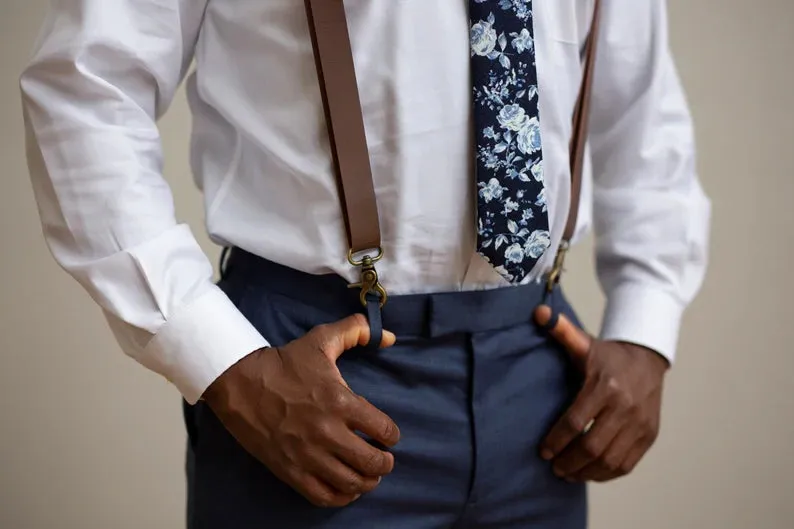 Marine Navy Bow Tie with Weathered Coffee Suspender Set