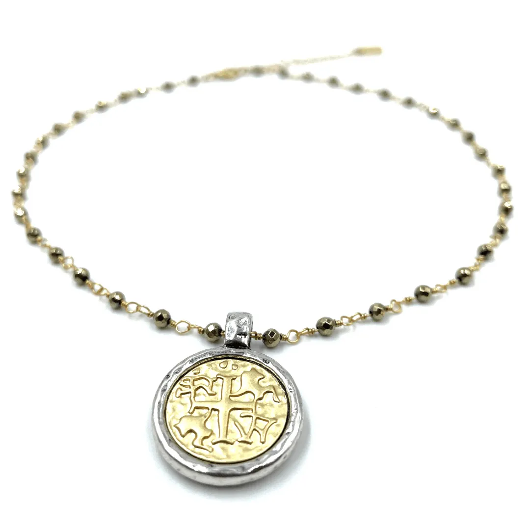 Matte Gold Coin on Pyrite Short Necklace