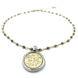 Matte Gold Coin on Pyrite Short Necklace
