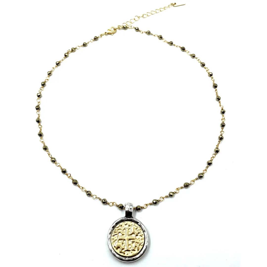 Matte Gold Coin on Pyrite Short Necklace