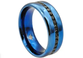 Mens Blue Stainless Steel Band With Black Cubic Zirconia