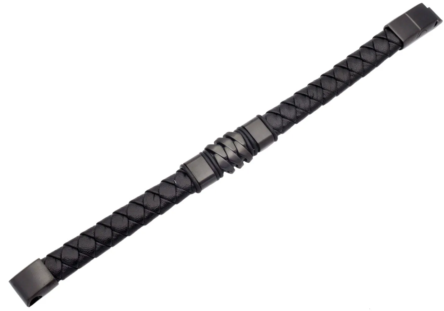 Mens Genuine Black Leather Black Stainless Steel Bracelet