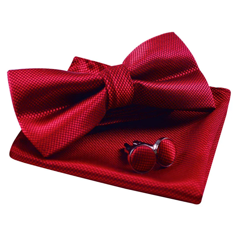 Men's Solid Formal Banded Pre-tied Bow Ties Cufflink Handkerchief Set-054