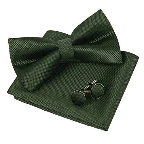 Men's Solid Formal Banded Pre-tied Bow Ties Cufflink Handkerchief Set-054