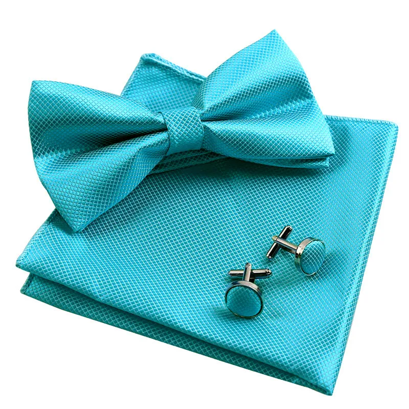 Men's Solid Formal Banded Pre-tied Bow Ties Cufflink Handkerchief Set-054