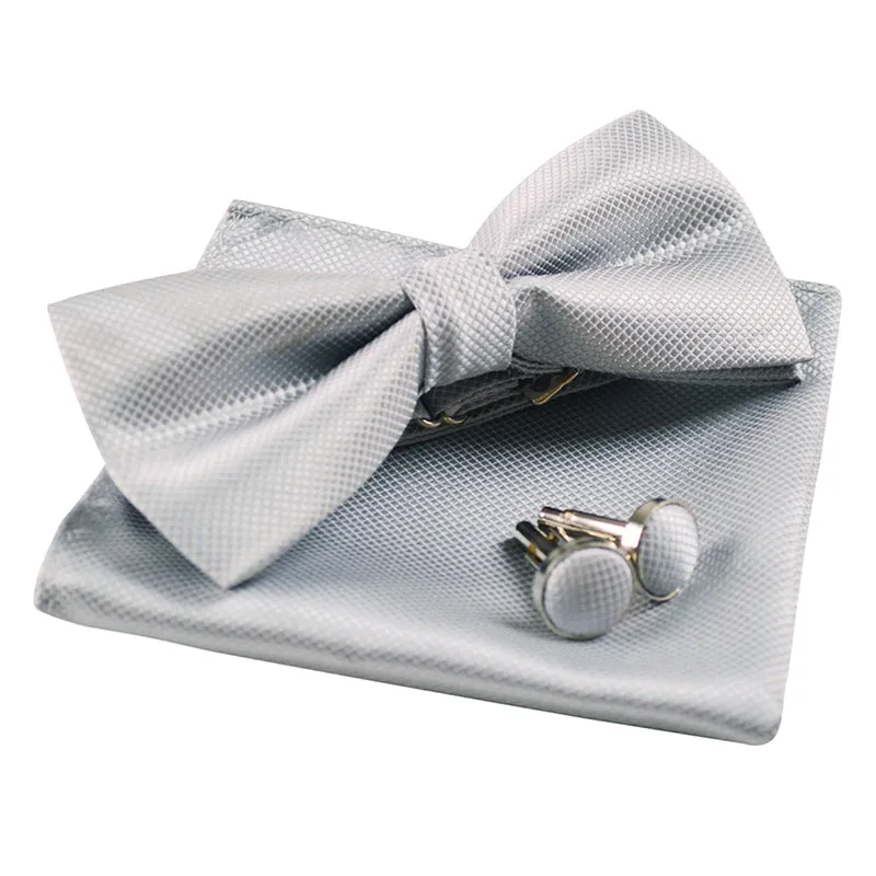 Men's Solid Formal Banded Pre-tied Bow Ties Cufflink Handkerchief Set-054