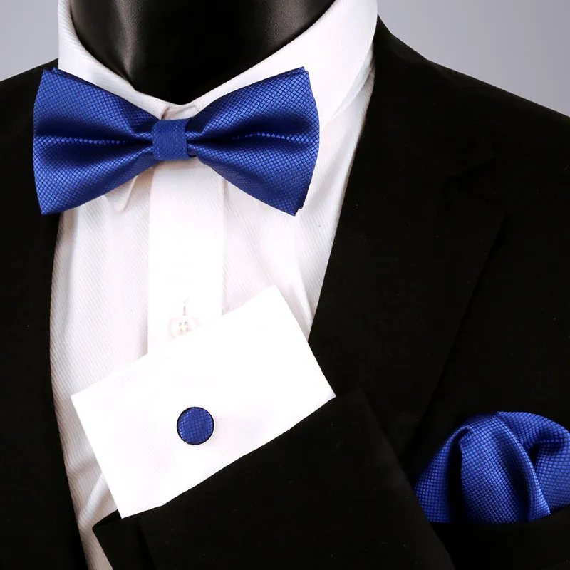 Men's Solid Formal Banded Pre-tied Bow Ties Cufflink Handkerchief Set-054