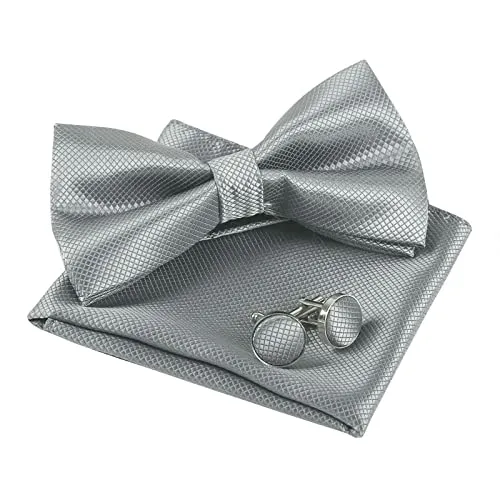 Men's Solid Formal Banded Pre-tied Bow Ties Cufflink Handkerchief Set-054