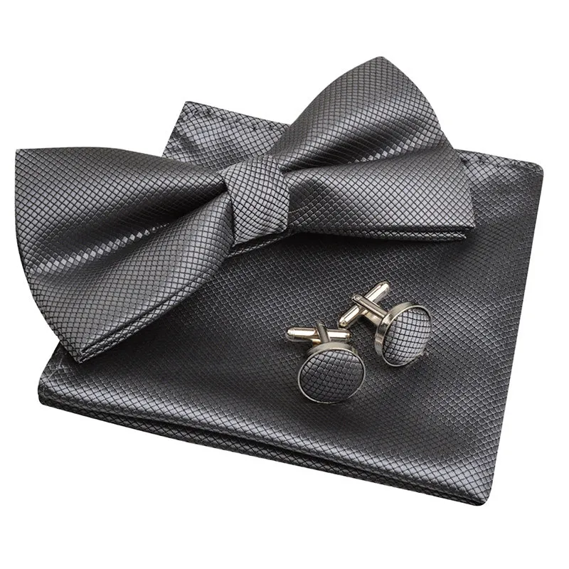 Men's Solid Formal Banded Pre-tied Bow Ties Cufflink Handkerchief Set-054