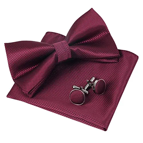 Men's Solid Formal Banded Pre-tied Bow Ties Cufflink Handkerchief Set-054
