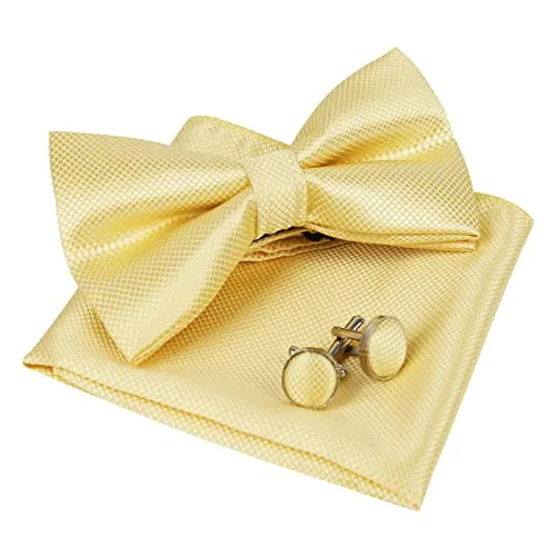 Men's Solid Formal Banded Pre-tied Bow Ties Cufflink Handkerchief Set-054