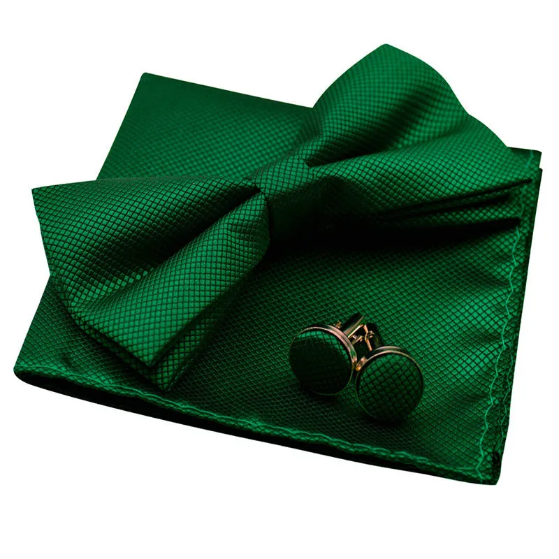 Men's Solid Formal Banded Pre-tied Bow Ties Cufflink Handkerchief Set-054