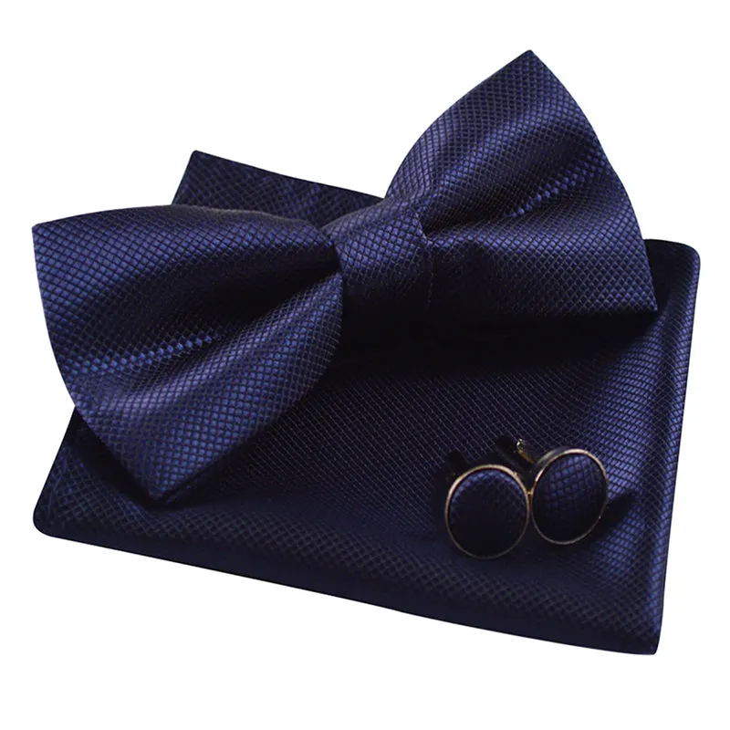 Men's Solid Formal Banded Pre-tied Bow Ties Cufflink Handkerchief Set-054