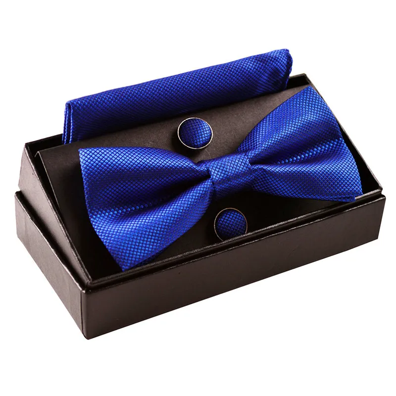 Men's Solid Formal Banded Pre-tied Bow Ties Cufflink Handkerchief Set-054
