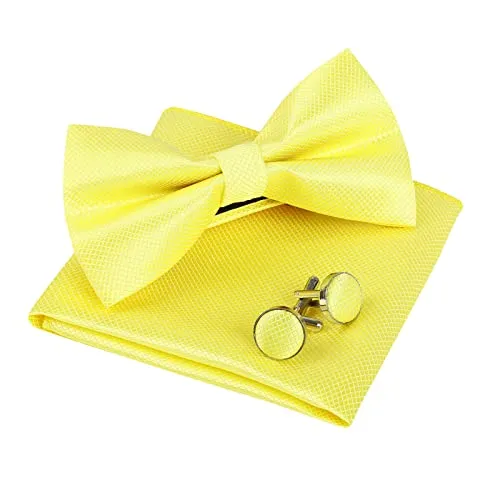 Men's Solid Formal Banded Pre-tied Bow Ties Cufflink Handkerchief Set-054