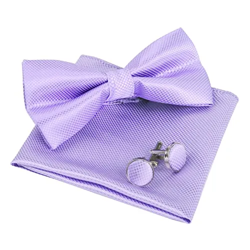 Men's Solid Formal Banded Pre-tied Bow Ties Cufflink Handkerchief Set-054