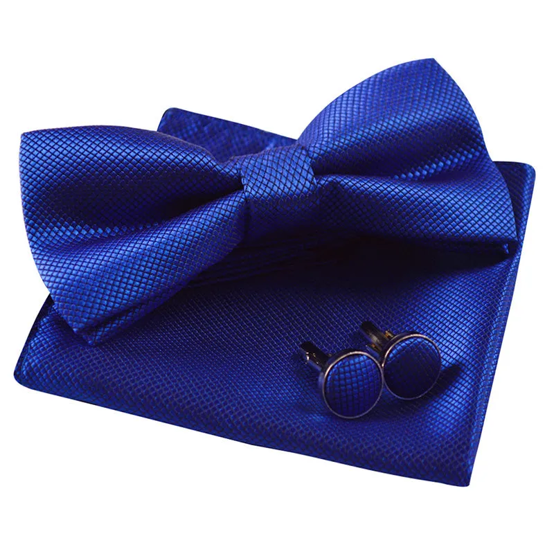 Men's Solid Formal Banded Pre-tied Bow Ties Cufflink Handkerchief Set-054