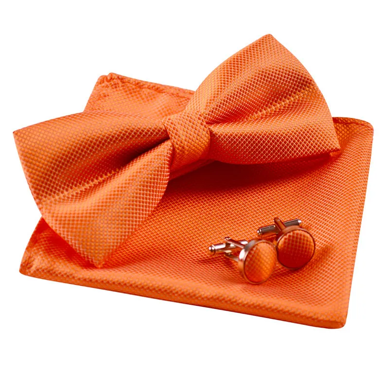 Men's Solid Formal Banded Pre-tied Bow Ties Cufflink Handkerchief Set-054