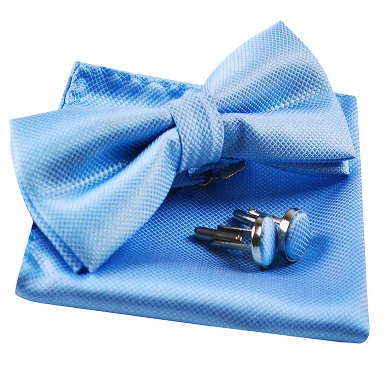 Men's Solid Formal Banded Pre-tied Bow Ties Cufflink Handkerchief Set-054