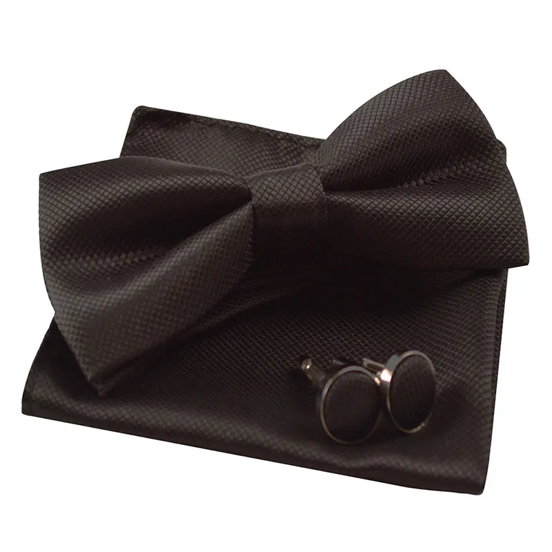 Men's Solid Formal Banded Pre-tied Bow Ties Cufflink Handkerchief Set-054