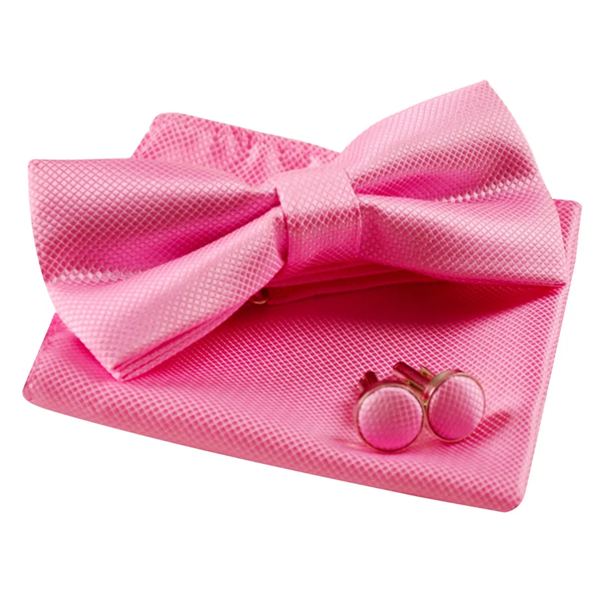 Men's Solid Formal Banded Pre-tied Bow Ties Cufflink Handkerchief Set-054