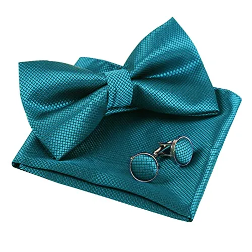 Men's Solid Formal Banded Pre-tied Bow Ties Cufflink Handkerchief Set-054
