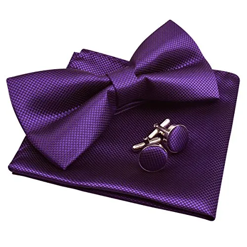 Men's Solid Formal Banded Pre-tied Bow Ties Cufflink Handkerchief Set-054