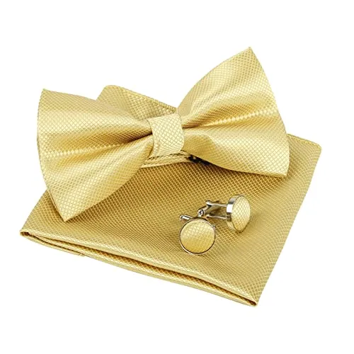 Men's Solid Formal Banded Pre-tied Bow Ties Cufflink Handkerchief Set-054