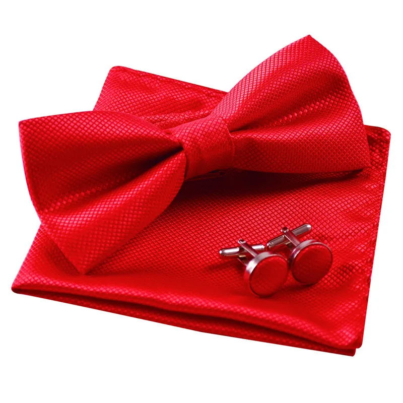 Men's Solid Formal Banded Pre-tied Bow Ties Cufflink Handkerchief Set-054