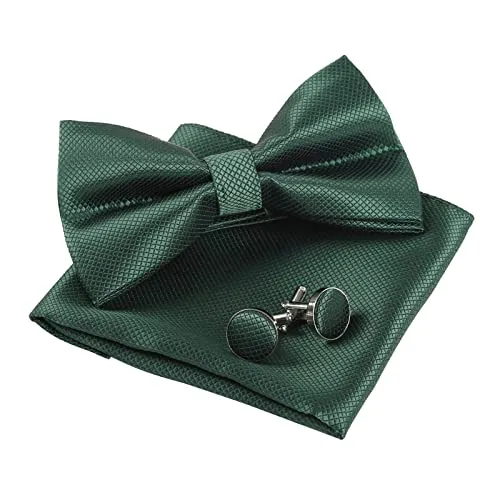 Men's Solid Formal Banded Pre-tied Bow Ties Cufflink Handkerchief Set-054