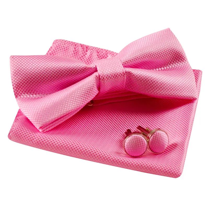 Men's Solid Formal Banded Pre-tied Bow Ties Cufflink Handkerchief Set-054
