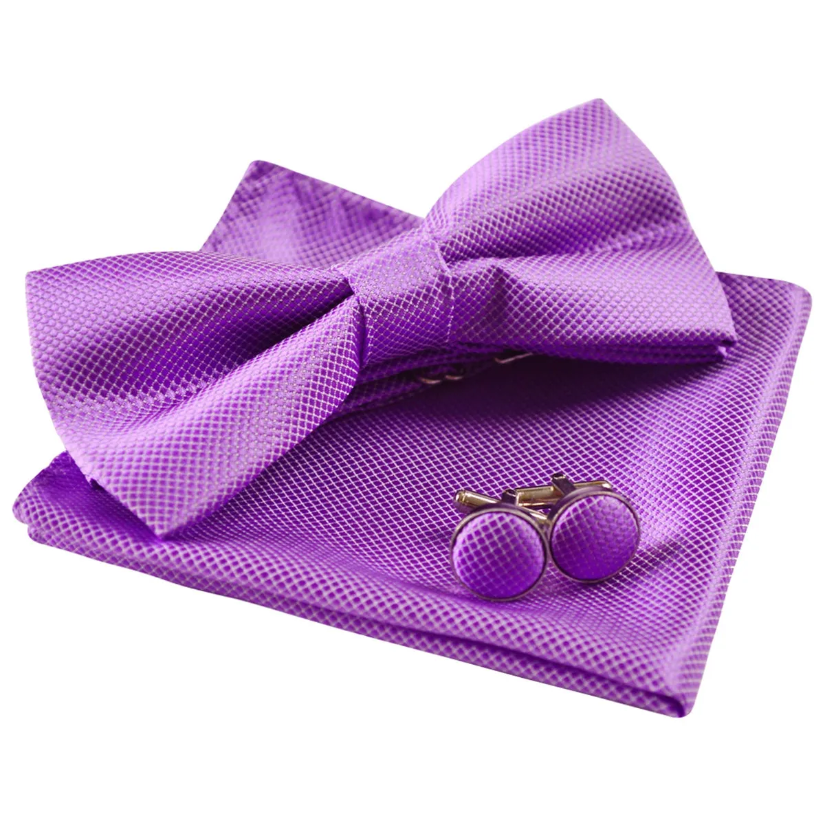 Men's Solid Formal Banded Pre-tied Bow Ties Cufflink Handkerchief Set-054