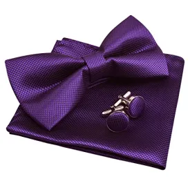 Men's Solid Formal Banded Pre-tied Bow Ties Cufflink Handkerchief Set-054