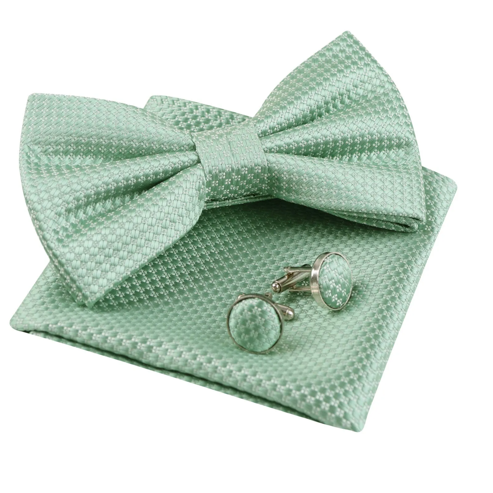 Men's Solid Mini Plaid Bow Tie, Pocket Square With Cufflinks Pre-tied Tie Set-053