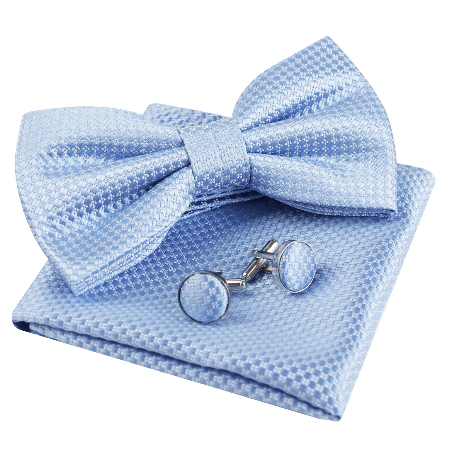 Men's Solid Mini Plaid Bow Tie, Pocket Square With Cufflinks Pre-tied Tie Set-053