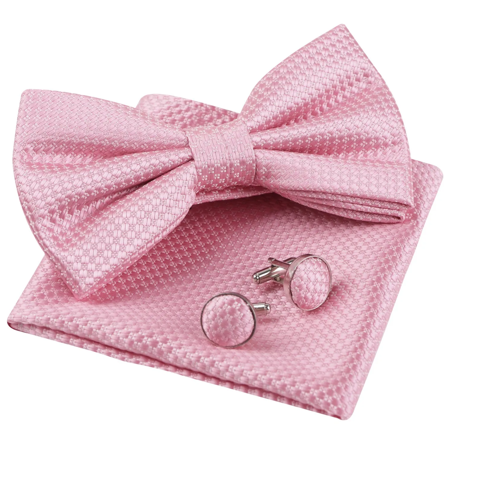 Men's Solid Mini Plaid Bow Tie, Pocket Square With Cufflinks Pre-tied Tie Set-053