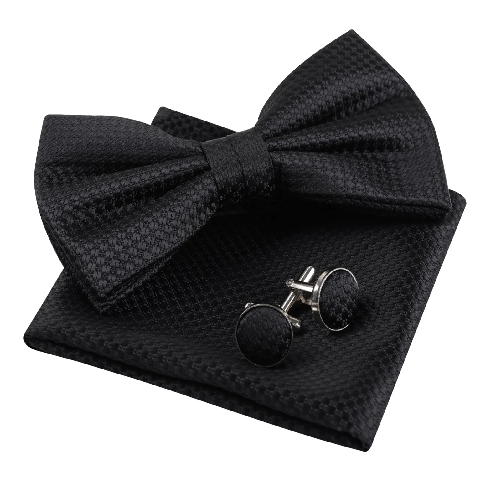 Men's Solid Mini Plaid Bow Tie, Pocket Square With Cufflinks Pre-tied Tie Set-053