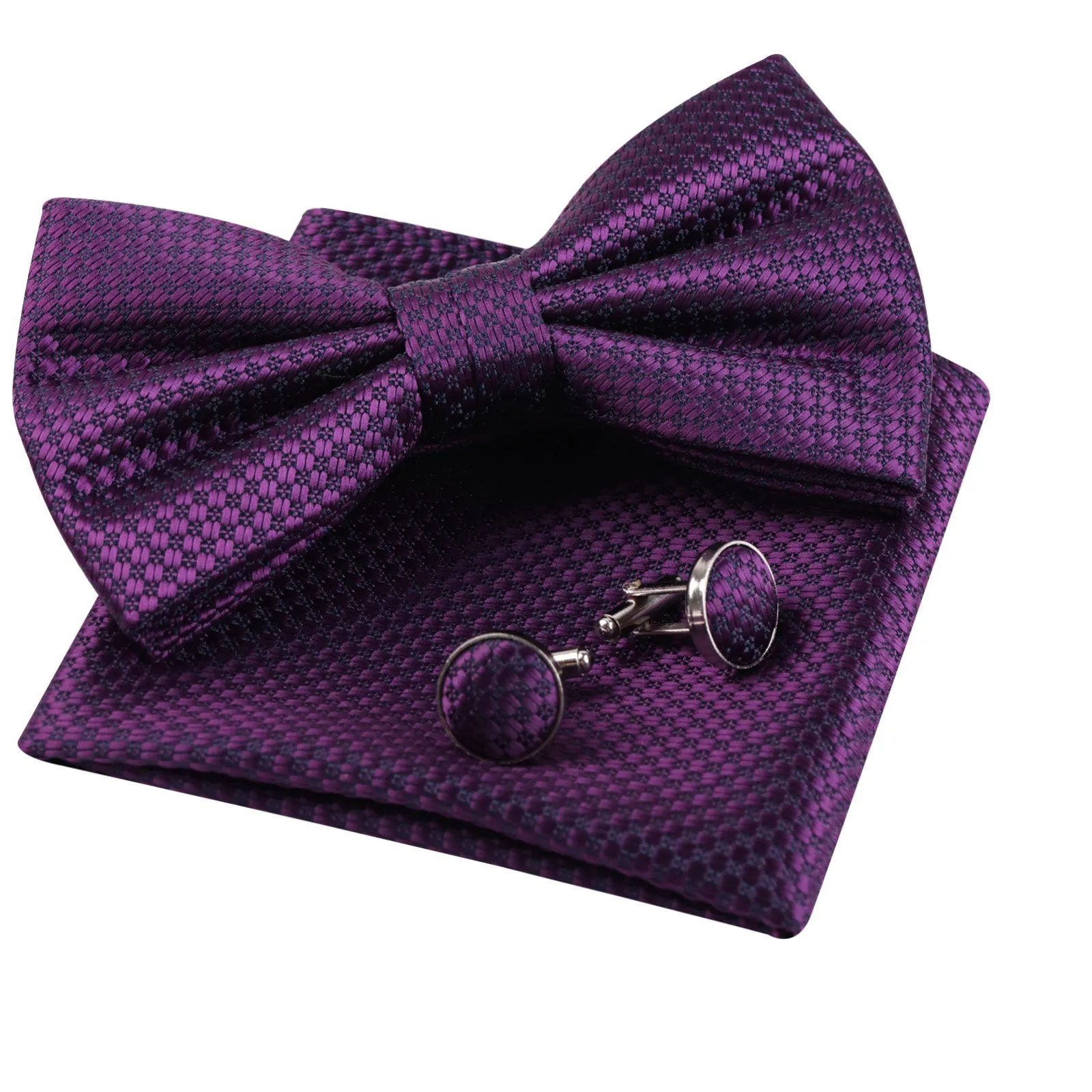 Men's Solid Mini Plaid Bow Tie, Pocket Square With Cufflinks Pre-tied Tie Set-053