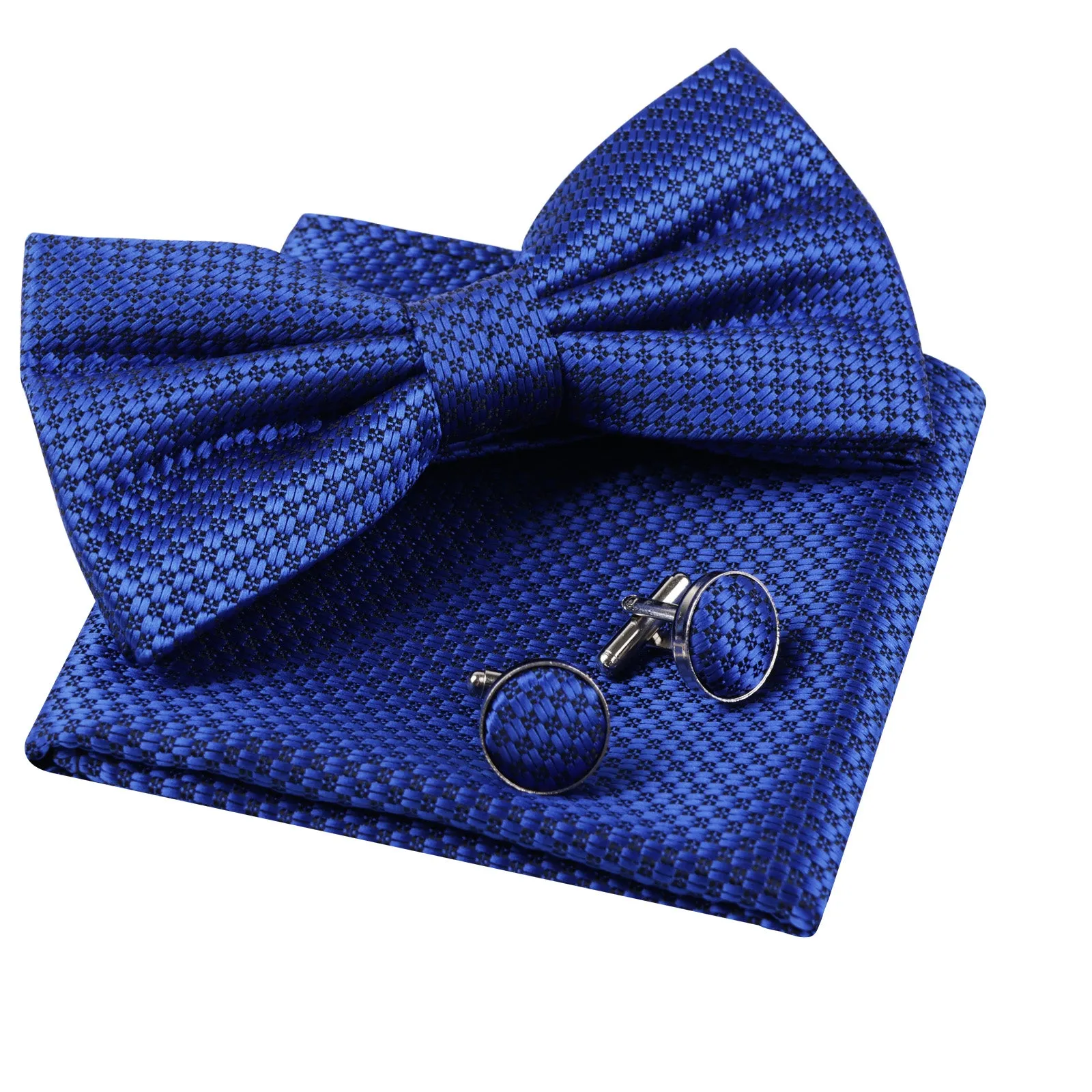 Men's Solid Mini Plaid Bow Tie, Pocket Square With Cufflinks Pre-tied Tie Set-053