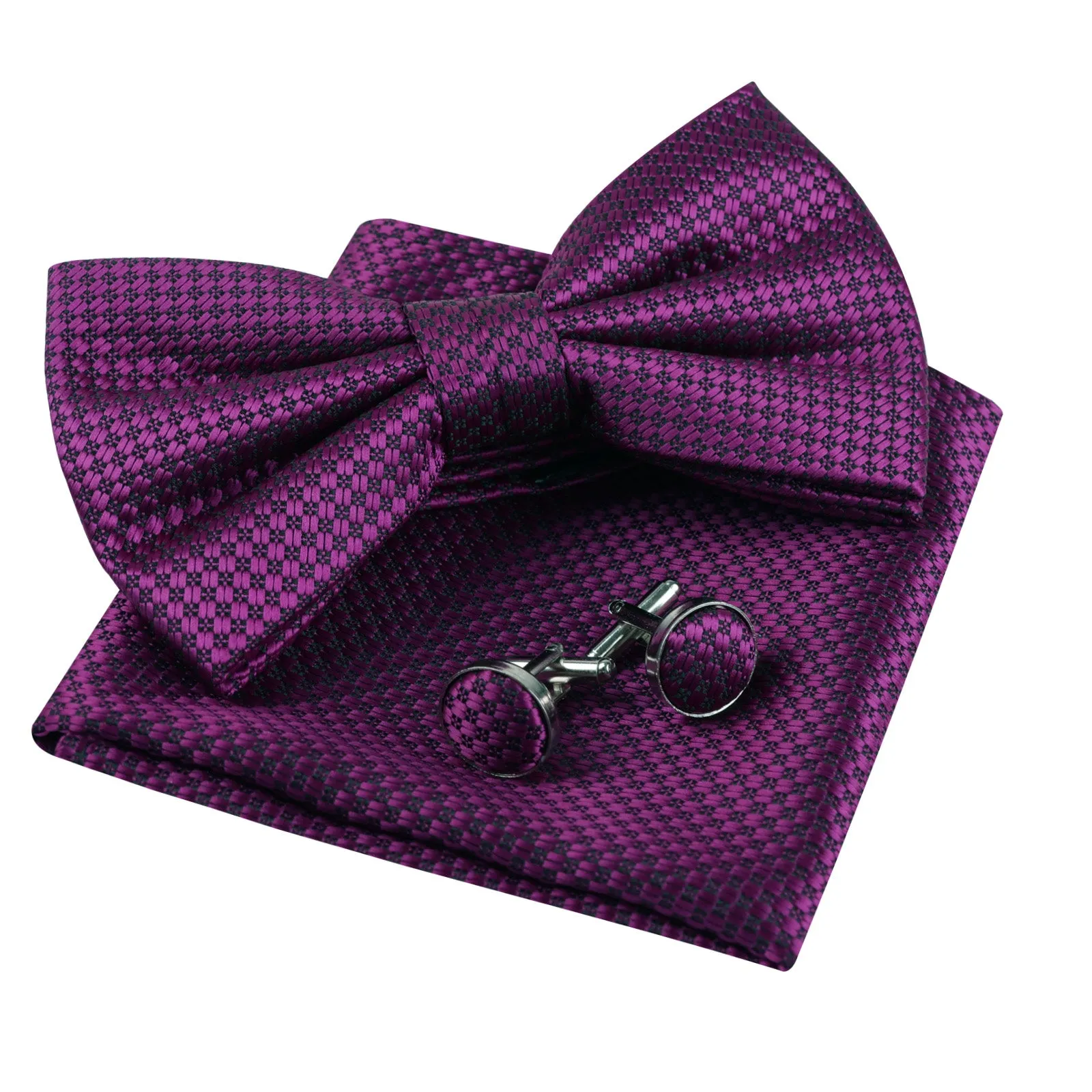Men's Solid Mini Plaid Bow Tie, Pocket Square With Cufflinks Pre-tied Tie Set-053