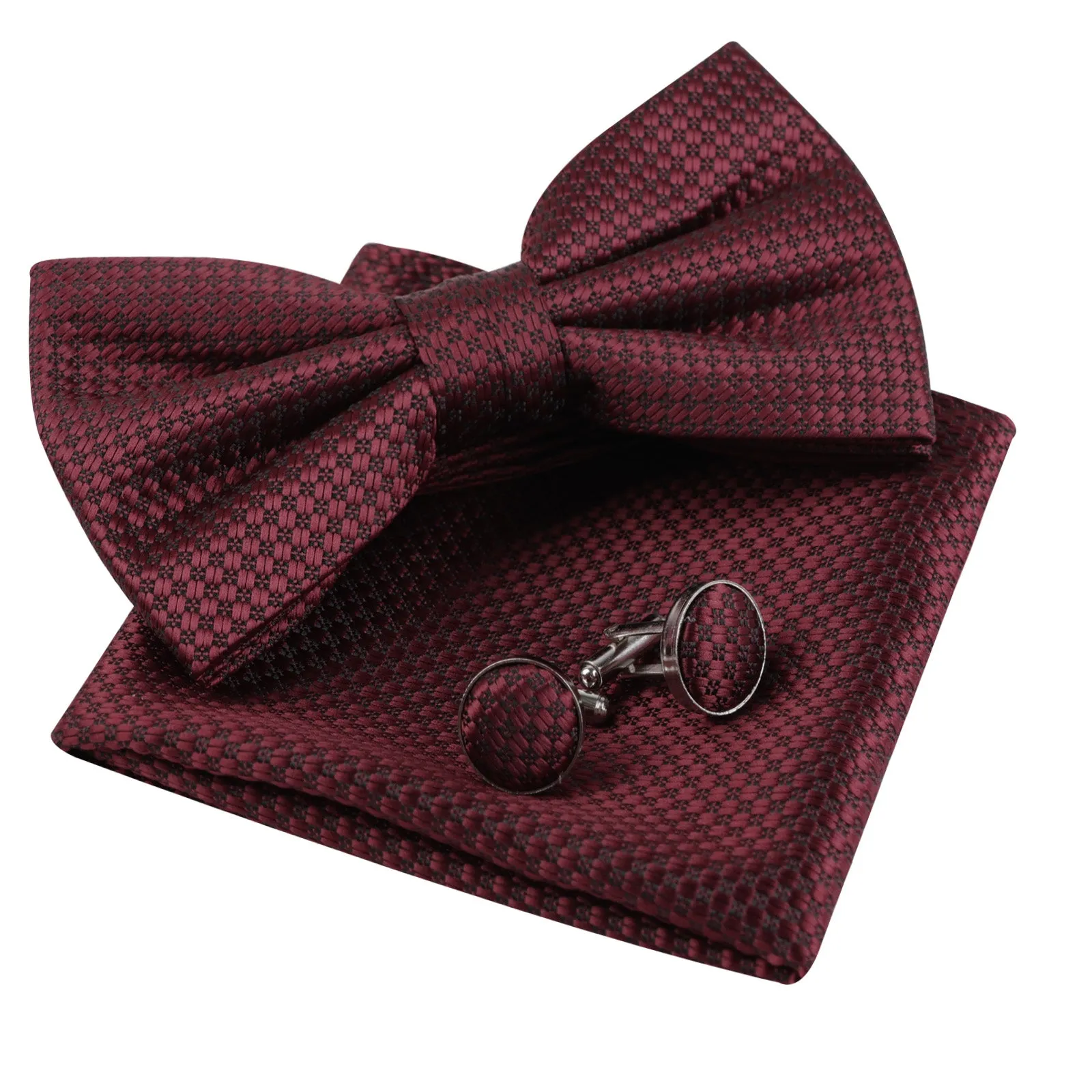 Men's Solid Mini Plaid Bow Tie, Pocket Square With Cufflinks Pre-tied Tie Set-053