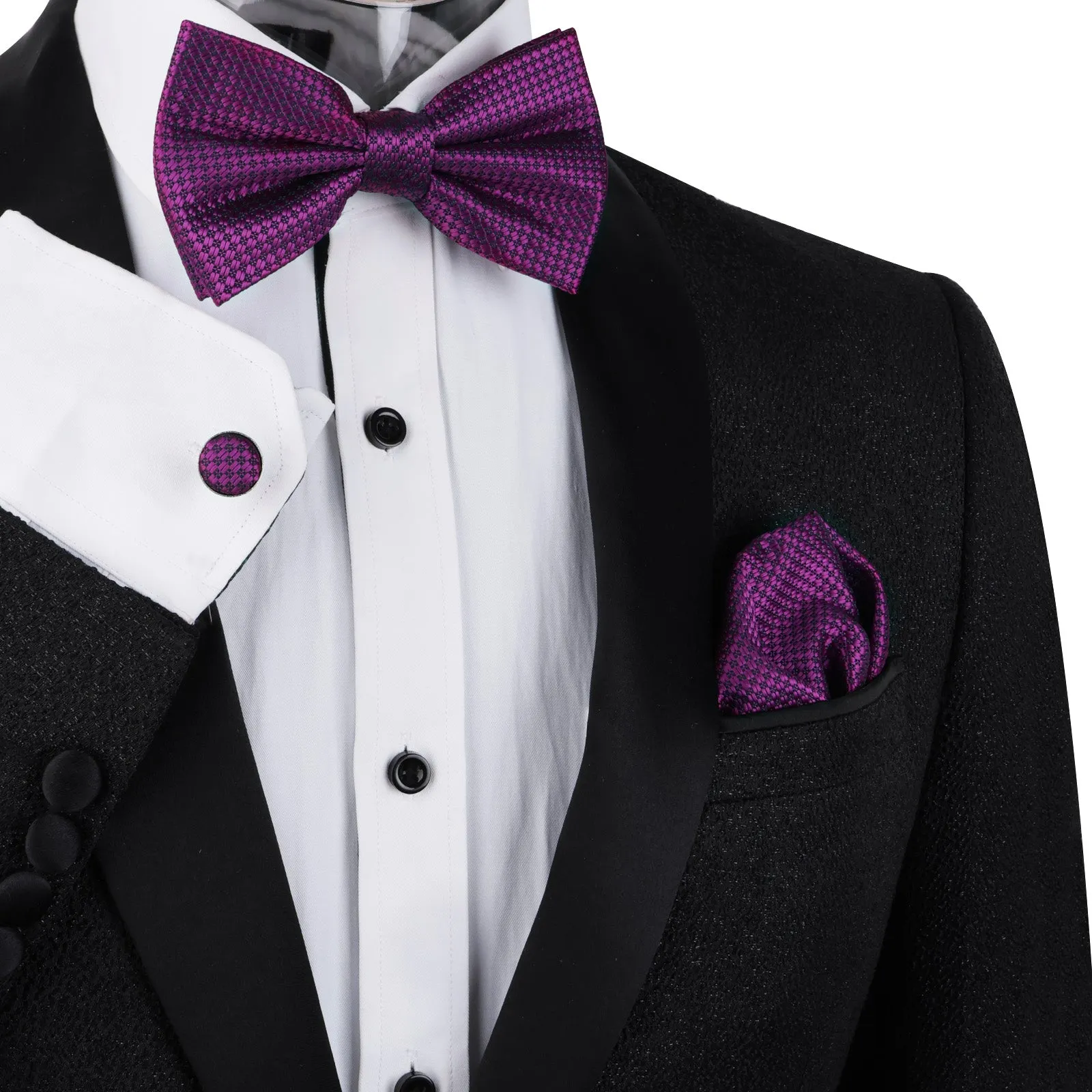 Men's Solid Mini Plaid Bow Tie, Pocket Square With Cufflinks Pre-tied Tie Set-053
