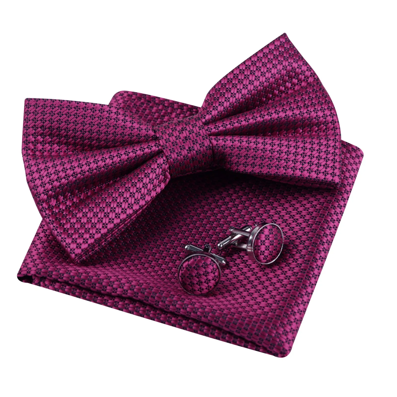 Men's Solid Mini Plaid Bow Tie, Pocket Square With Cufflinks Pre-tied Tie Set-053